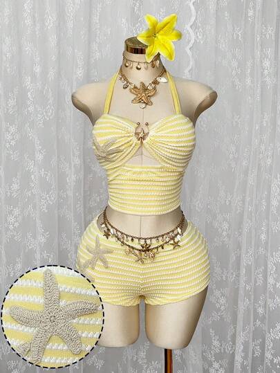Sunspun Plus Size Women's 2-Piece Set,White Summer Beach Vacation Holiday Starfish Decor Pineapple Grid Camisole & Low Waist Shorts Party Outfits