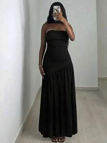 INAWLY Women's Elegant Solid Color Split Hem Dress, Summer - Black - View 5