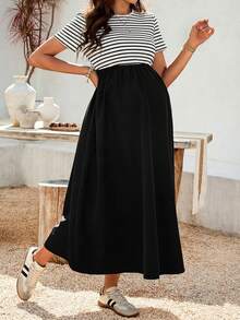 SHEIN 孕妇纯色、条纹、拼接休闲日常连衣裙 - 黑與白 - 查看 3