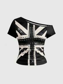 ROMWE Grunge Punk Women's Y2K Retro British Flag Print Rhinestone Rivet Oblique Shoulder Tight Fitting Short Sleeve Top - Black - View 1