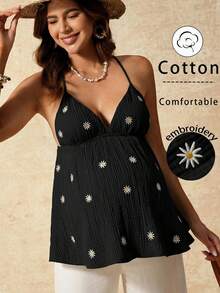 Boho Mama Áo hai dây bầu thêu hoa cúc - màu đen - Xem 1