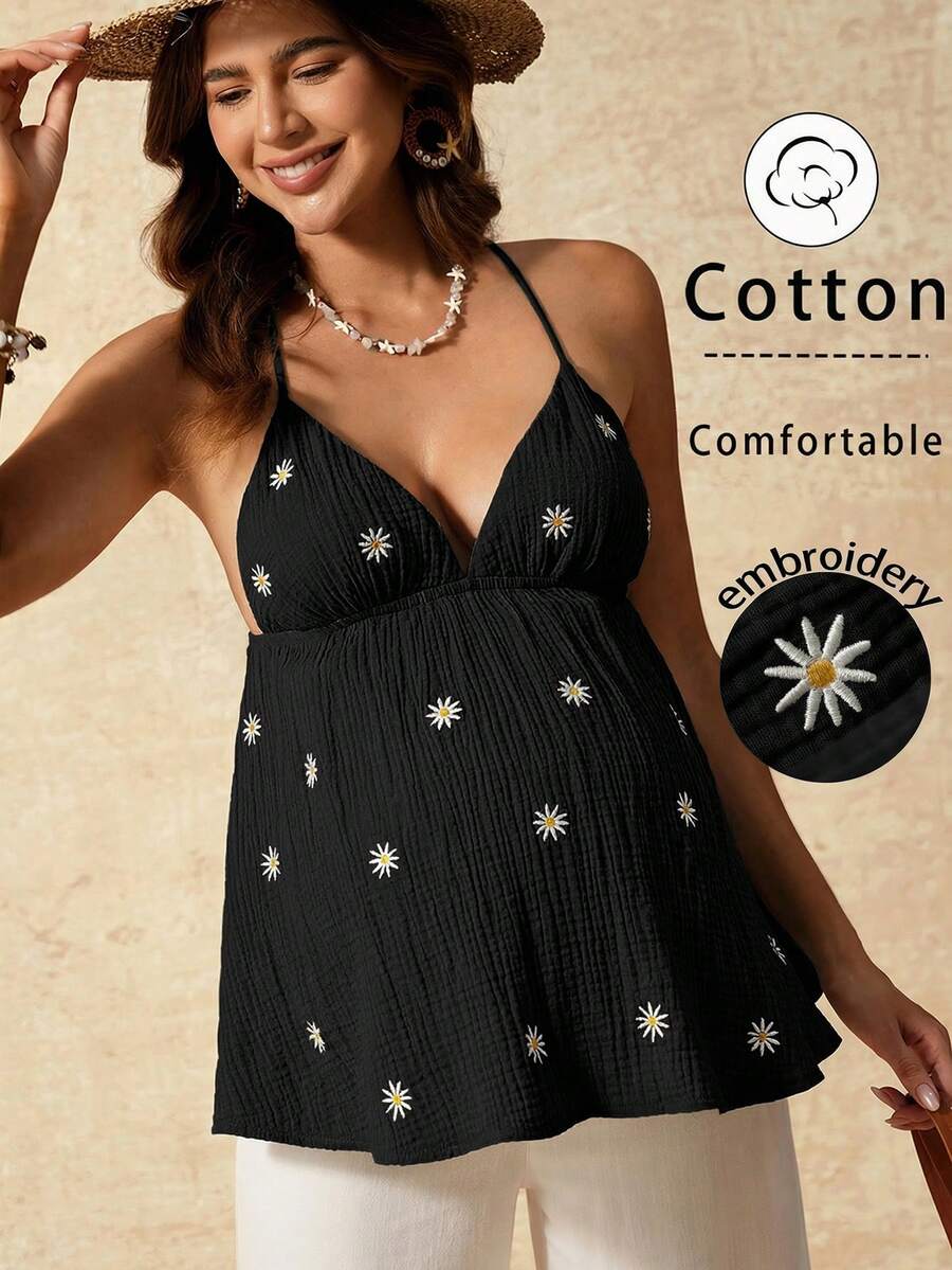 Boho Mama Áo hai dây bầu thêu hoa cúc - màu đen - Xem 1