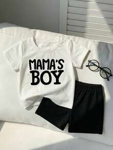 Playful Pals 2件套男婴“妈妈的宝贝”字母印花弹力针织白色圆领短袖T恤搭配黑色弹力腰短裤，婴幼儿服装，经典黑白配色，适合休闲、户外、度假等多种场合，夏季适用，6个月-3岁 - 黑與白 - 查看 8