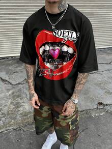 STEELVANCE 男士休闲唇印字母T恤，夏季款 - 黑色 - 查看 1