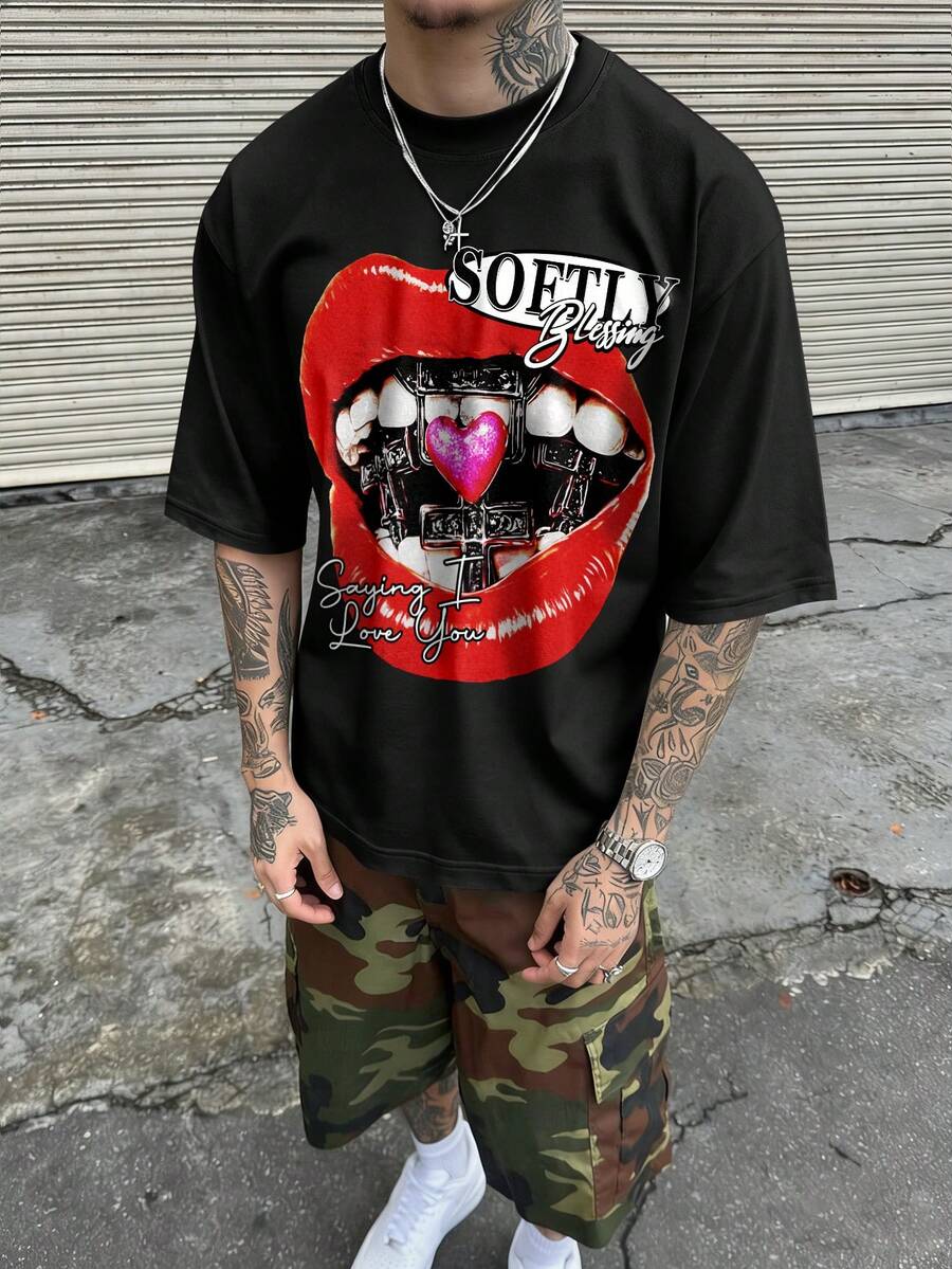 STEELVANCE 男士休闲唇印字母T恤，夏季款 - 黑色 - 查看 1