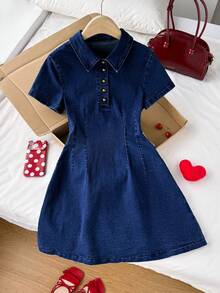 Vestido de mezclilla casual de manga corta con botones y cuello polo para mujer, vestido de verano, vestido de Navidad, vestido de San Valentín, vestido de Año Nuevo, vestido de fiesta para mujer, vestido elegante para mujer, vestido casual pa - Azul lavado oscuro - Ver 3