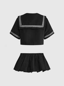 ROMWE Avant 3件套动漫公主梅洛迪角色扮演服装：水手领、蝴蝶结和百褶裙 - 黑色 - 查看 2