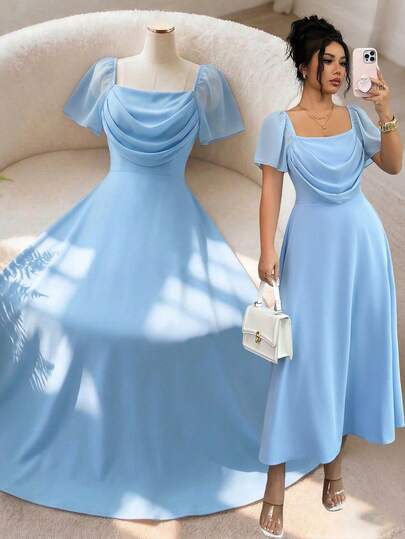 Elenzga Vestido ajustado de manga corta con cuello cuadrado y bajo acampanado, color azul cielo, para primavera/verano