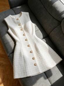 SHEIN Franclia Vestido mini casual de mujer con cuello redondo y abotonado sencillo para uso diario - Blanco - Ver 9