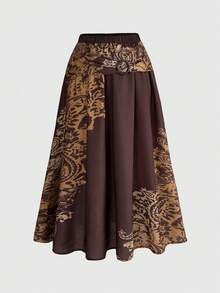ROMWE Country Vintage Hippie Millennium Paisley Pattern Wooden Button Closure Plus Size Women Skirt - Brown - View 1