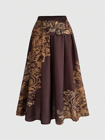 ROMWE Vintage Hippie Millennium Paisley Pattern Wooden Button Closure Plus Size Women Skirt