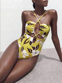 Maija Women's Summer Vacation Beach Floral Print Criss-Cross Halter One-Piece Swimsuit - Multicolor - View 1