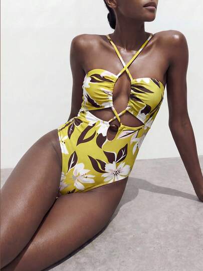 Maija Women's Summer Vacation Beach Floral Print Criss-Cross Halter One-Piece Swimsuit