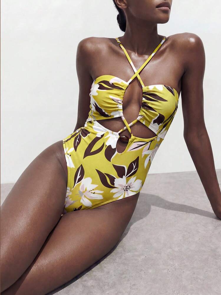 SHEIN Maija Women's Summer Vacation Beach Floral Print Criss-Cross Halter One-Piece Swimsuit Vacation Bathing Suits Oasis Swimwear Swimsuit Woman Flower Bathing Suit One Piece Swimsuit For Women Beach Outfit For Women Swimwear Floral Swimsuits Women's Swimsuits
