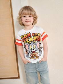 TOM & JERRY X SHEIN Young Boy Casual Round Neck Cartoon Letter Print Short Sleeve T-Shirt, Versatile Daily Wear - White - View 1