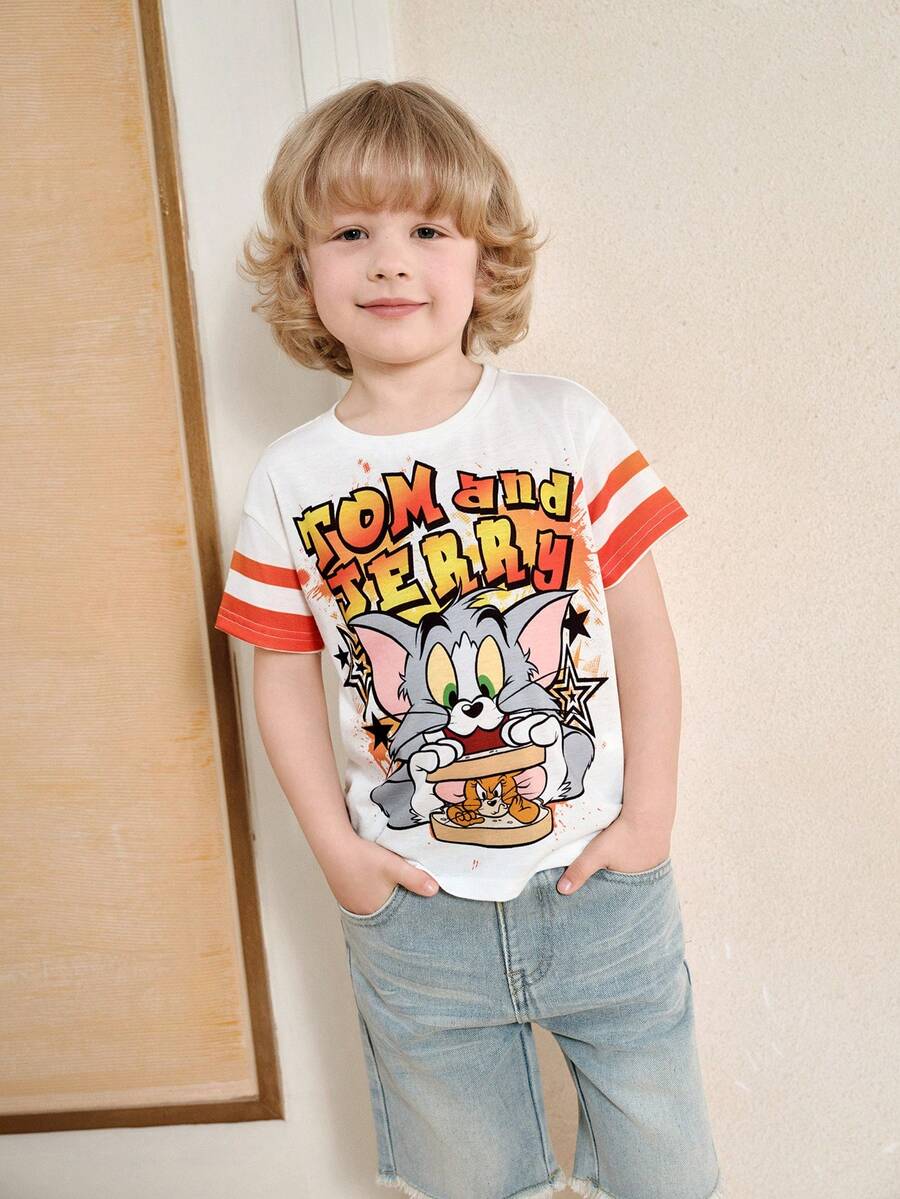 TOM & JERRY X SHEIN Young Boy Casual Round Neck Cartoon Letter Print Short Sleeve T-Shirt, Versatile Daily Wear - White - View 1