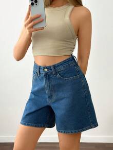 SHEIN Back Bow Detail Woman High Rise Casual Denim Short - Medium Wash - View 5