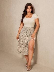 Elaquor 女士黑色圆领针织T恤和印花开衩裙两件套，加大码 - 彩色 - 查看 6