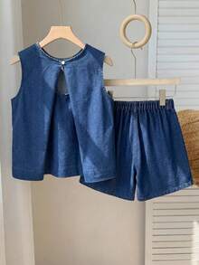 SHEIN 2 peças/Conjunto Regata e Shorts Soltos em Denim Azul Marinho para Meninas Adolescentes - Lavagem escura - Visão 2