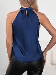 Medorina Blusa de mujer de unicolor, plisada, casual y elegante con cuello halter - Azul Marino - Ver 2
