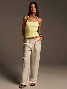 Athîral Women's Casual Off-Shoulder Fitted Light Green Knit Top, Spring/Summer - Light Yellow - View 2