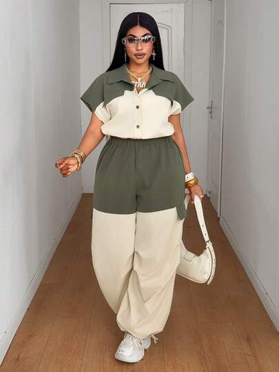 Maweii Bộ áo liền quần cổ bẻ phối màu xanh quân đội và be dành cho nữ cỡ lớn