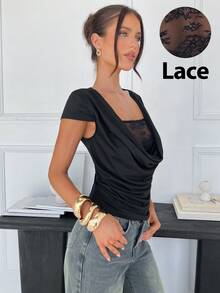 Siren Gaze 春夏新款蕾丝拼接荷叶边领T恤，女士优雅黑色弹力修身褶裥收腰显瘦上衣 - 黑色 - 查看 7