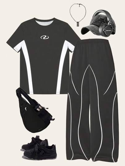 Vacaura 2 piezas Conjunto de pantalones y camiseta de manga corta para adolescentes, primavera/verano, diseño a rayas en blanco y negro clásico, conjunto de vestir casual y cómodo, para uso diario y al aire libre