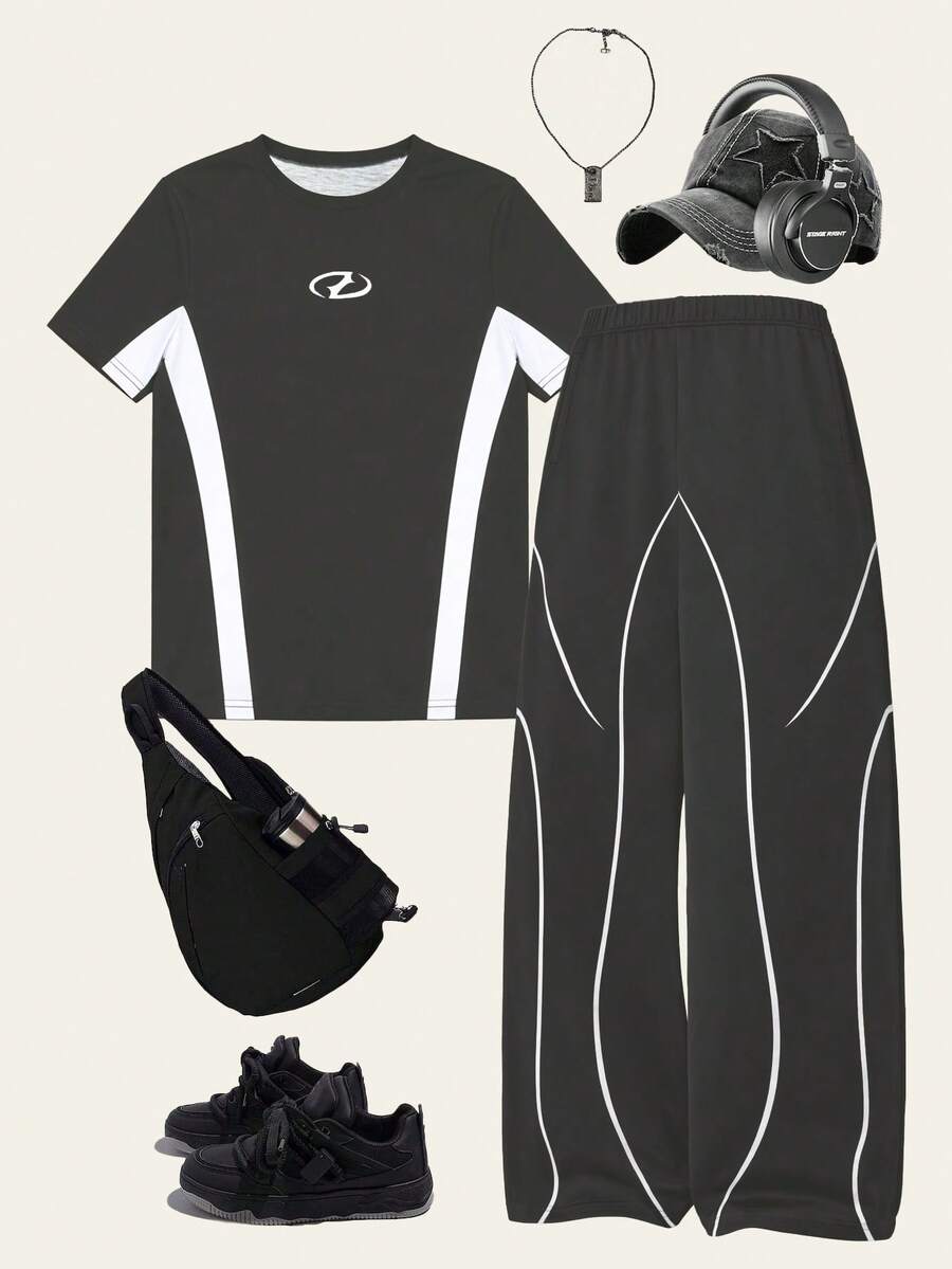 Vacaura 青少年春夏短袖长裤套装（两件套），经典黑白配色，时尚休闲舒适线条印花设计，适合户外及日常穿着。 - 彩色 - 查看 1