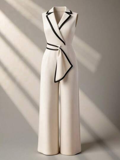 Elenzga Spring/Summer New Elegant Casual Stylish High Waist Jumpsuit, Wide Leg Pants, Sleeveless Blazer Collar, Black Linen & Apricot Patchwork Cinched Waist Romper, Specially Designed For Women