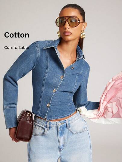 NYA SZN Women's Casual Washed Front Button Long Sleeve Fitted Denim Blouse, Autumn