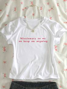 Rovax 女士修身T恤，短袖上衣，弹力高弹面料，字母图案，夏季畅销款 - 白色 - 查看 6