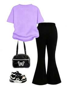 一套少女休闲舒适韩流女团卡通印花短袖圆领T恤和喇叭裤套装，时尚休闲，适合春夏穿着 - 彩色 - 查看 2