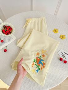 Sweetra 女士浅黄色长款运动裤，Sweetro-D 系列，甜美风格，适合旅行、度假、休闲、通勤，性感清新，前片刺绣图案，抽绳腰带，长款运动裤 - 杏色 - 查看 4