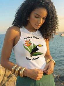 CAJUNI Blusa casual ajustada con cuello redondo y estampado de letras y pájaros, adecuada para citas y salidas - Beis - Ver 8