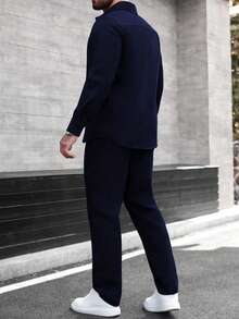 Manfinity CasualCool Men's Long Sleeve Shirt Collar Button-Up Shirt And Pants Set, Autumn/Winter - Navy Blue - View 2