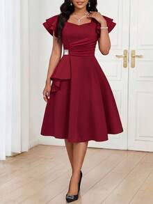 Fleurora Women's Elegant Ruffle Sleeve Sweetheart Neck Rhinestone Waist Midi Dress, Summer - Burgundy - View 4