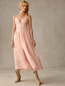 WESTFADE Gemischtes Blumen Lochstickerei V-Ausschnitt Knopfleiste ärmellos Taillenzug Smock Rücken Passform & Flare Midi Kleid Frühling, Sommer, Resort Tragen, Casual, Küsten, Cowgirl, Boho, Süß, Urlaub, Strand, 4. Juli, Festival, Western Tragen, Nashville, Rodeo Outfit, Country Konzert, Stagecoach, Coachella - Pink - Übersicht 3