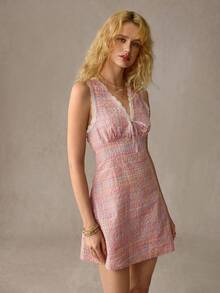 WESTFADE V Neck Tie Front Plaid And Floral Lace A Line Sleeveless Mini Dress Spring, Summer, Resort Wear, Casual, Coastal, Cowgirl, Boho, Vacation, Beach, Festival, Western Wear, Nashville, Rodeo Outfit, Country Concert, Stagecoach, Coachella - Pink - View 3