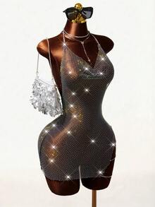 VaVaBold Vestido de malla de rejilla con nudo sin espalda y escote halter sin espalda con detalle de tachuelas de diamantes de imitación sin Set De lencería - Negro - Ver 6