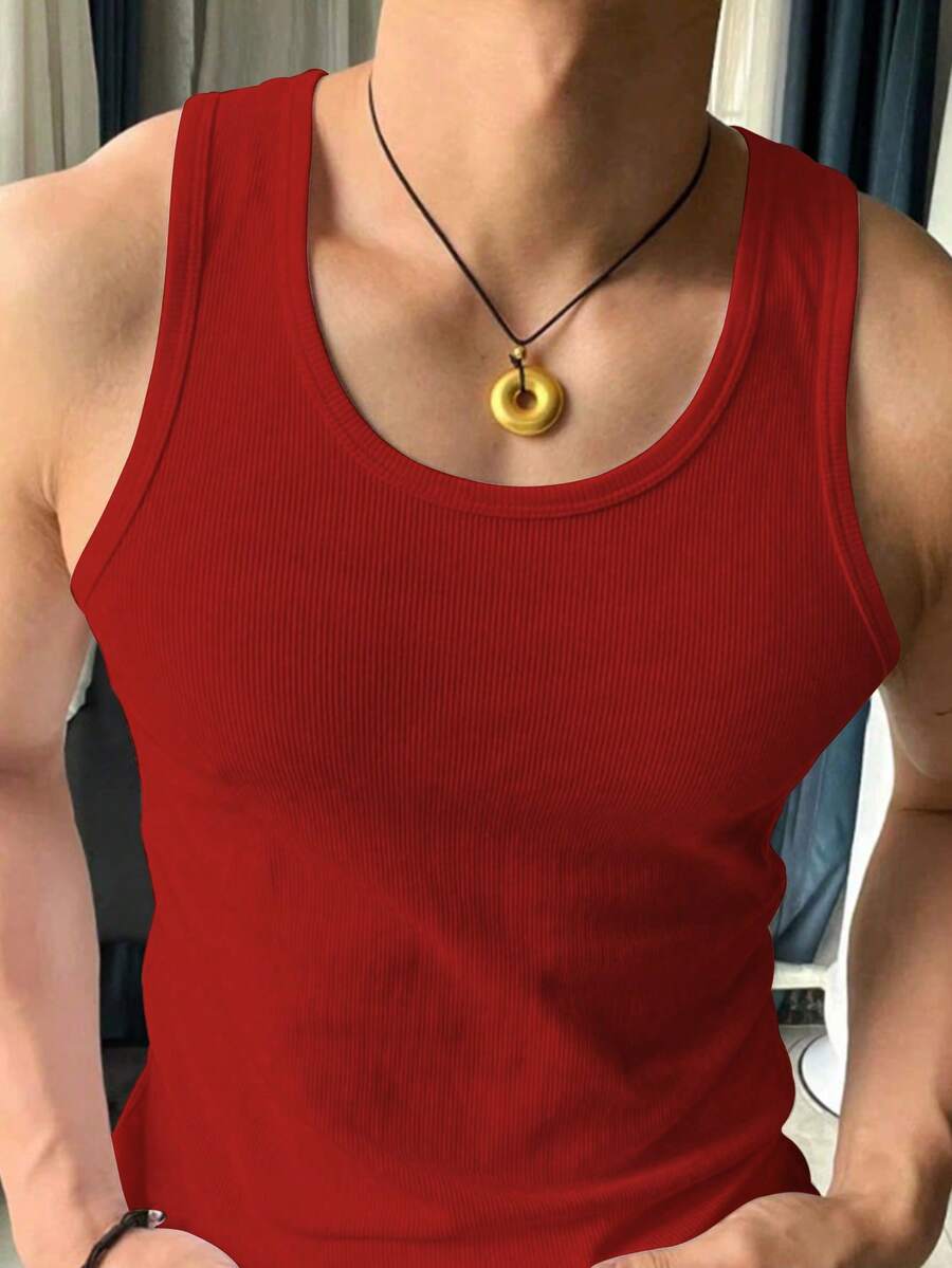 Manfinity Dauomo Camiseta de tirantes casual de unicolor acanalada para hombre - Rojo - Ver 1