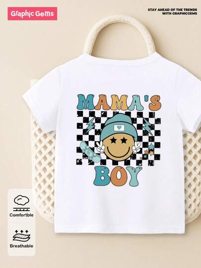 SHEIN Playful Pals Baby Boy Summer Casual Cute Checkerboard Face "MAMA's BOY" Letter Print Short Sleeve Round Neck T-Shirt