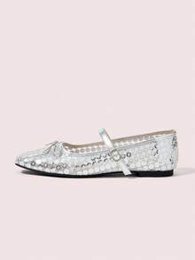 CUCCOO DOLLMOD Ladies Silver Mesh Sequins Decorative Sweet Bow Decorative Design French Low Vamp Breathable Mary Jane Shoes Upper Sequined Mesh Material Suitable For Spring And Summer Wear - Silver - View 2