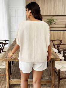 SHEIN LUNE 大码女式春夏圆领褶皱袖宽松休闲衬衫 - 杏色 - 查看 2