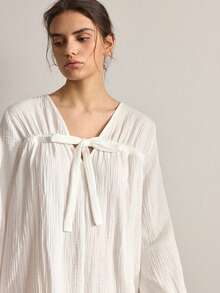 Ocili Đầm dài tay cổ chữ V xoắn màu trơn dành cho nữ, thích hợp mặc ở nhà. - trắng - Xem 7