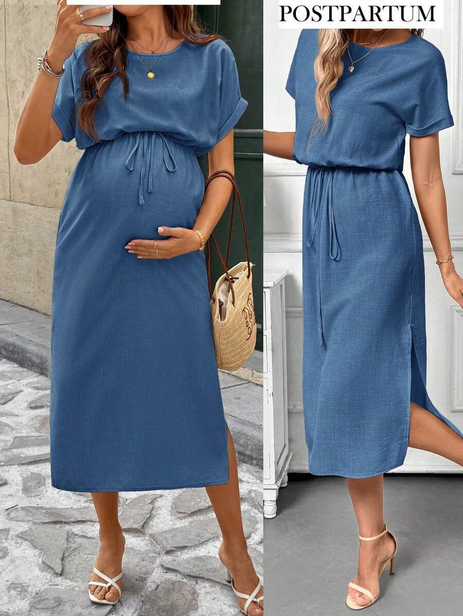 SHEIN Đầm casual màu trơn cổ tròn tay ngắn vạt gập cho bà bầu, thích hợp mặc mùa hè. - Màu xanh lam - Xem 1