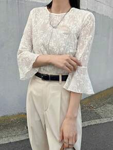 FRIFUL Women's Round Neck Lace Fabric Fitted Flare Sleeve Solid Color Casual T-Shirt Summer - Beige - View 5