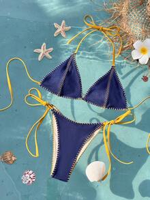 Swim Mod Elastic Denim Effect Women's Swimwear Set, Sexy Halter Triangle Bikini 2-Piece, Suitable For Island, Beach, Pool Party, Cruise, Casual & Versatile - Navy Blue - View 2