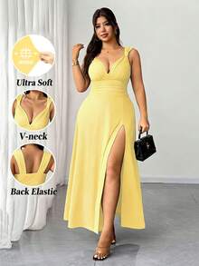 SHEIN Elenzya 2025 New Arrival Plus Size Women's Solid Color Twist V-Neck High Slit Stretchy Knit Party Dress, Versatile & Fashionable Design - Yellow - View 1
