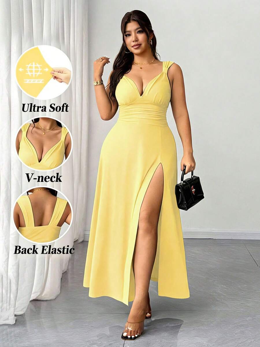 SHEIN Elenzya 2025 New Arrival Plus Size Women's Solid Color Twist V-Neck High Slit Stretchy Knit Party Dress, Versatile & Fashionable Design - Yellow - View 1